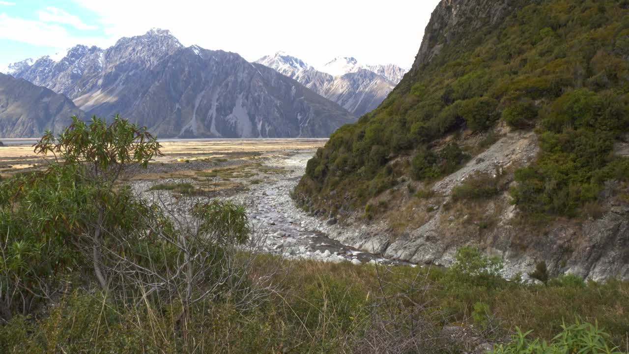 Piccolo ruscello di montagna nel sentiero Red Tarns, Isola del Sud, Nuova Zelanda - Campo lungo.