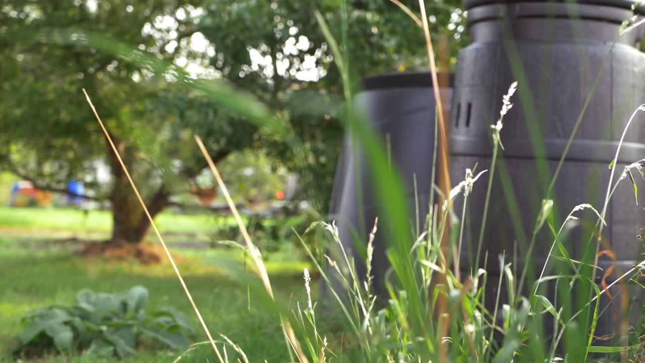 Compost bins in a summer garden wide tilting shot