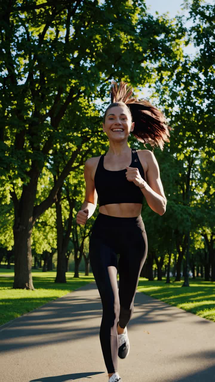 A dynamic video captures a woman jogging in a sunlit park