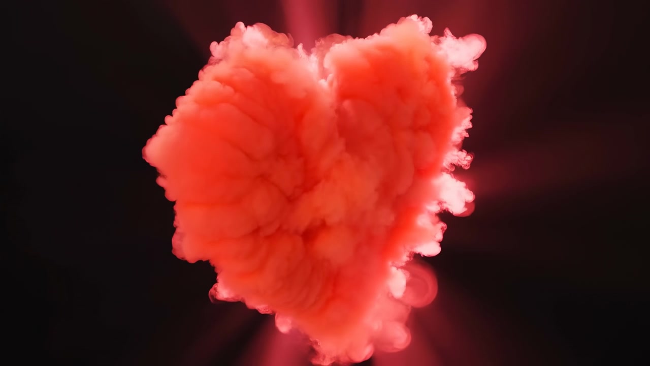Volumetric heart-shaped red smoke plume drifting against deep black background, with layered billows, fluffy cotton-like texture, bright backlit glow, rich saturation, and dramatic romantic atmosphere