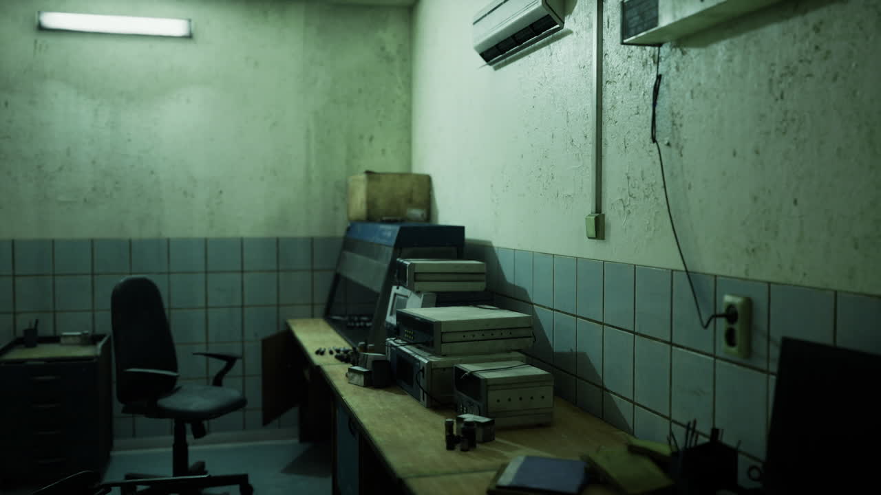 Centro subterrâneo desolado cheio de eletrônicos espalhados e sombras