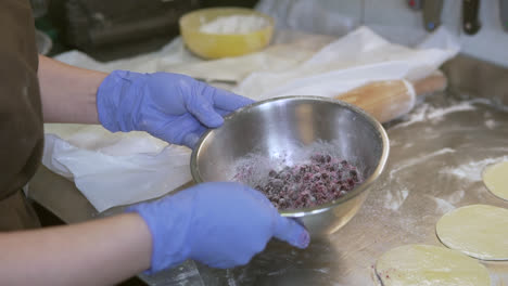 mixing sugar with berries in bowl, slow motion 1080p