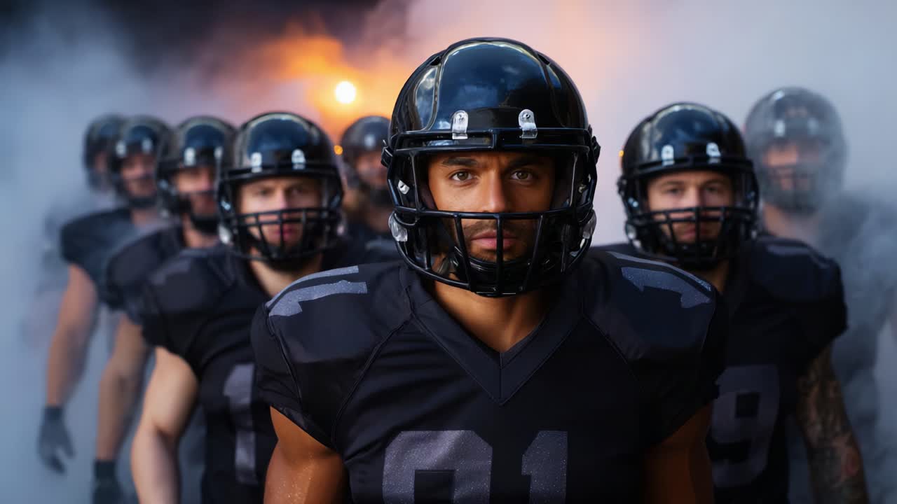 A team of football players emerges from the mist, showcasing determination and unity as they prepare for an intense game atmosphere in matching black uniforms