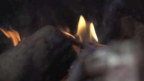 close-up of burning wood in a fireplace