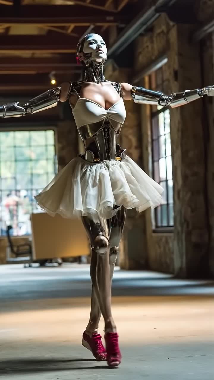 Humanoidní robotka baletka tančící v industriálním loftovém studiu.