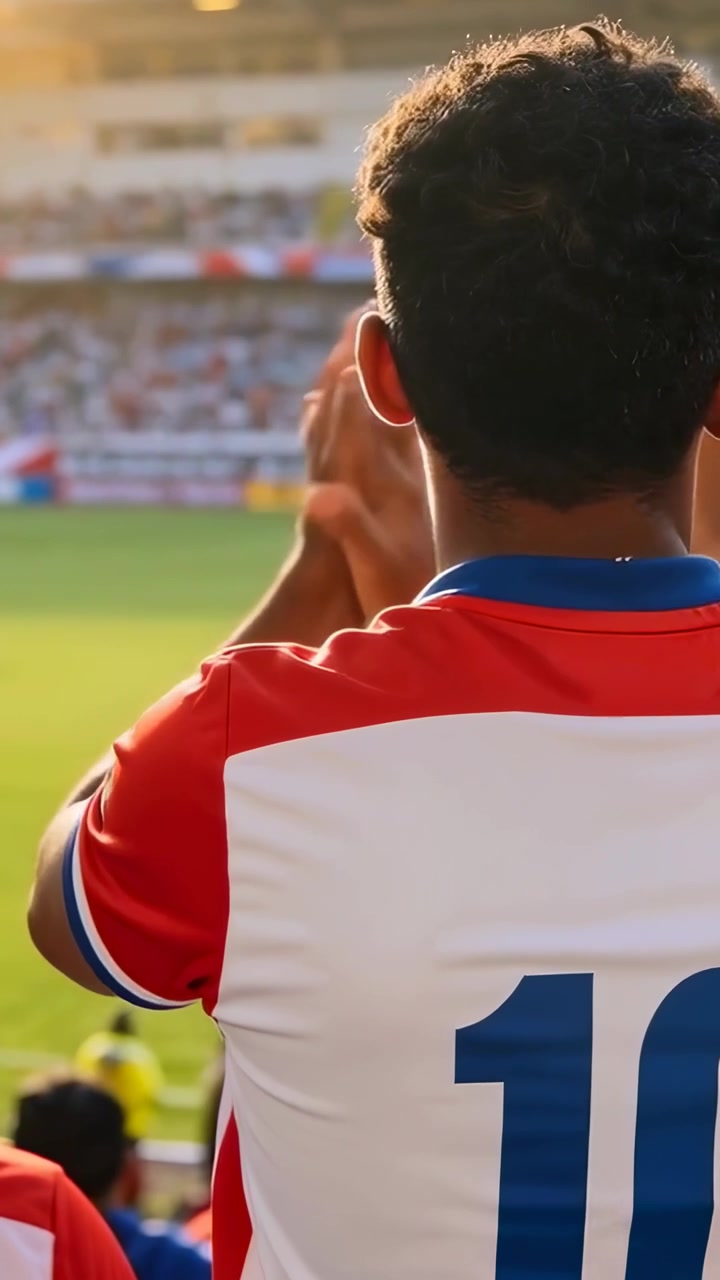 Video verticale: Uomo che applaude con maglia rossa numero 10, fa il tifo per la squadra nell'arena dopo la partita, con un cappellino rosso accanto.