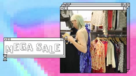 Animation-of-mega-sale-in-white-text-in-stacked-window,-with-two-women-clothes-shopping-in-store