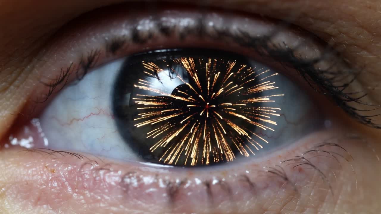 Ojo marrón avellana que refleja, mostrando fuegos artificiales apareciendo en la córnea mientras mira una pantalla, con una película lagrimal.