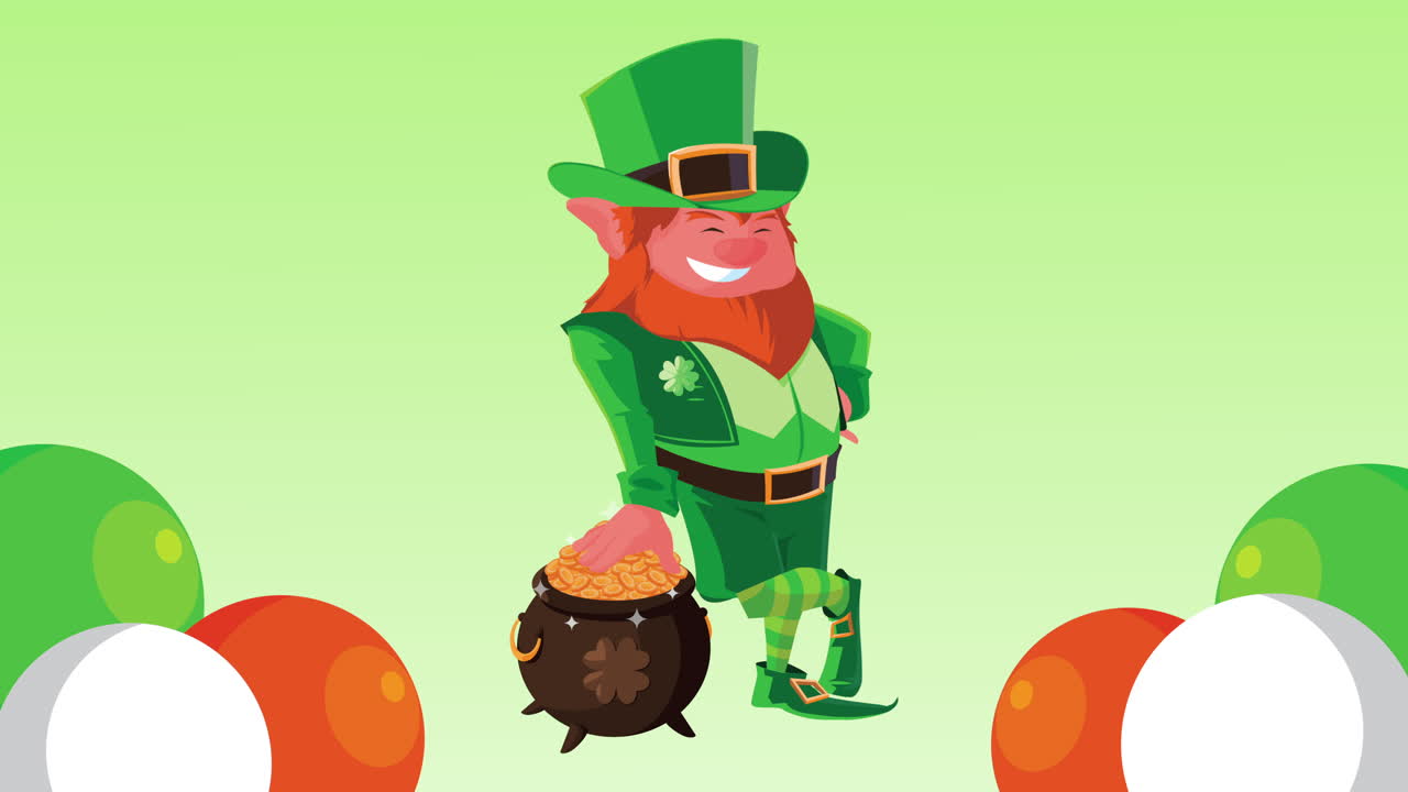 feliz día de san patricio animación con personaje leprechaun y caldero del tesoro