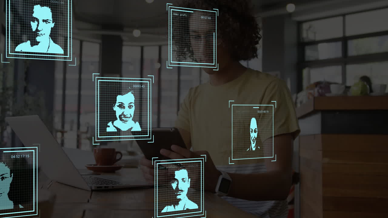 In school, animation of facial recognition technology analyzing diverse individuals