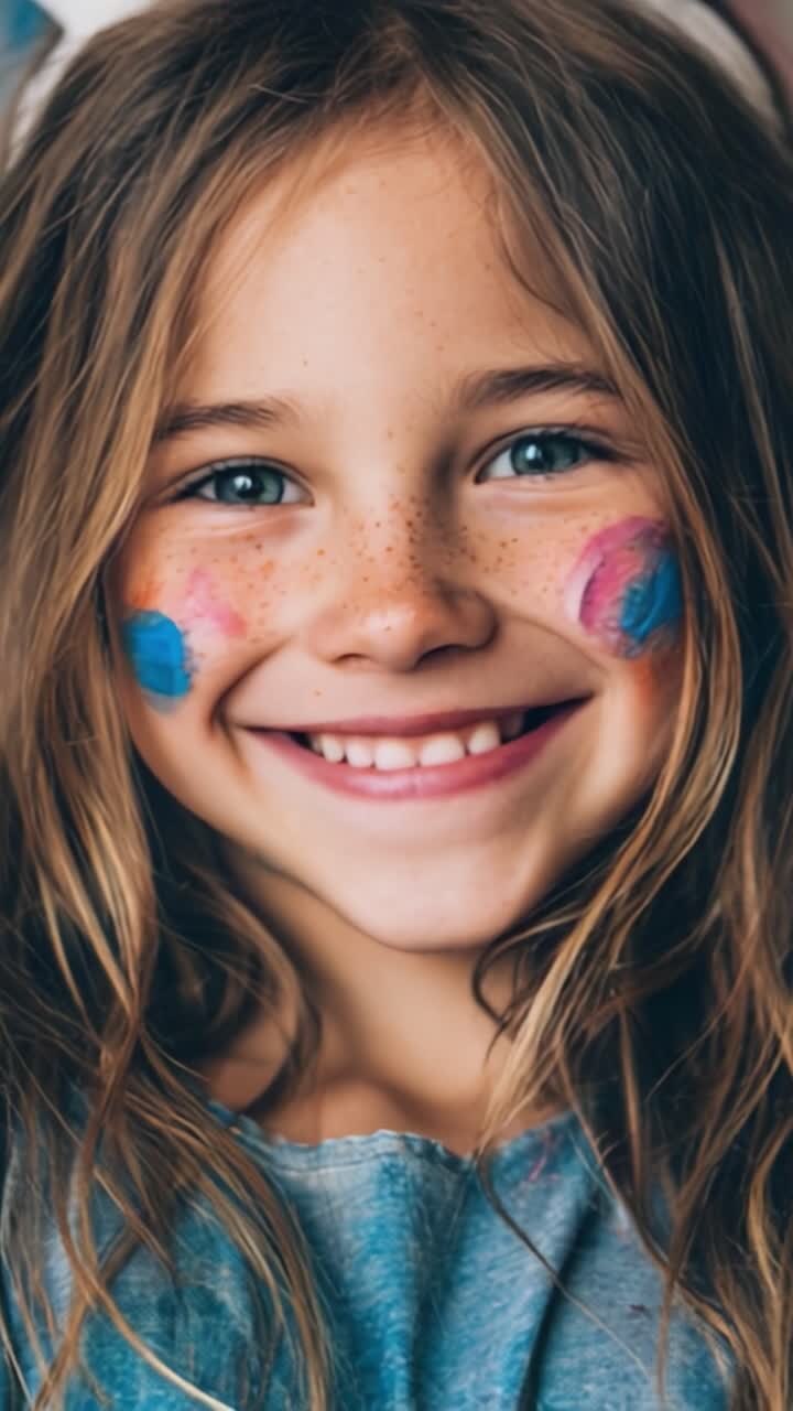 Una ragazza gioiosa con pittura facciale colorata che sorride radiosa, catturando l'essenza della felicità e della giocosità in un'atmosfera allegra.