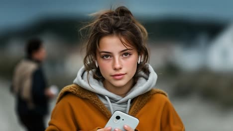 portrait of a young woman with earbuds and smartphone outdoors