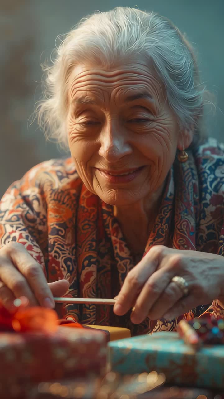 Vertical video: Reaching senior woman picking twist tie at wooden table, shaping tie for gift box