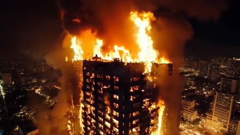 a tall building is engulfed by flames in the middle of a city