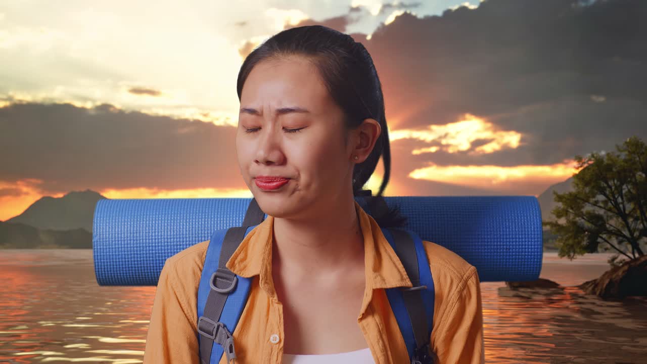 Close Up Of Asian Female Hiker With Mountaineering Backpack Shaking Her Head And Making Unsatisfied Face While Standing At A Lake During Sunset Time