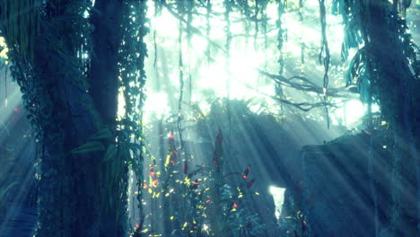 misty-rainforest-and-bright-sun-beams-through-trees-branches