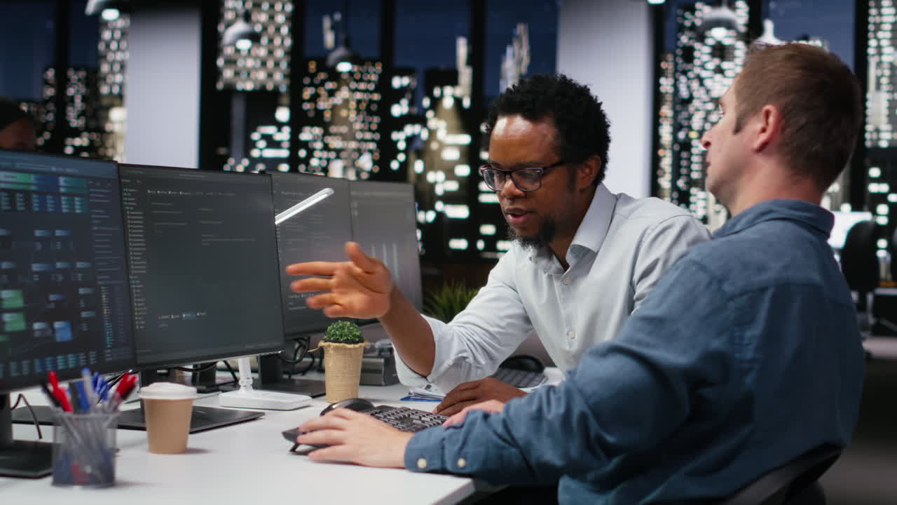 Two Diverse Developers Collaborating on Software Code in Modern Office at Night