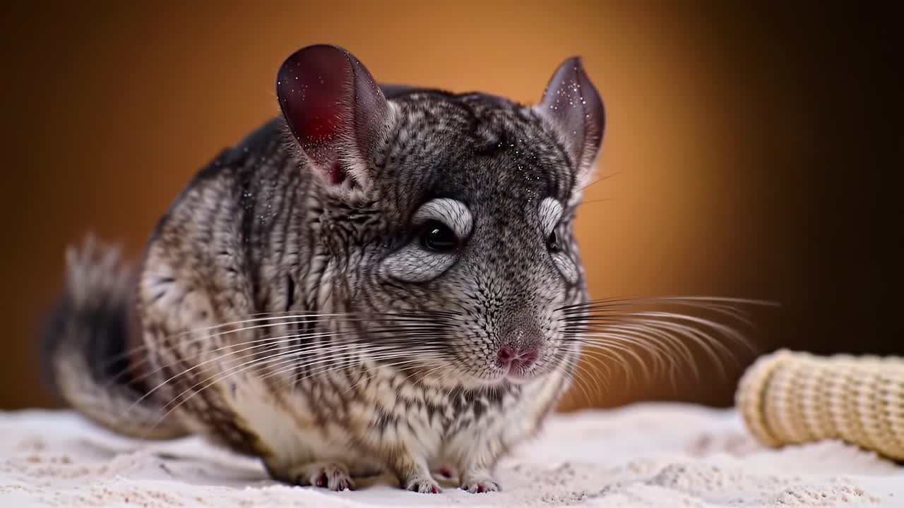A Charming Close-Up of a Chinchilla: Exploring the Delicate Features and Whiskers of This Adorable Rodent in a Soft, Warm Environment