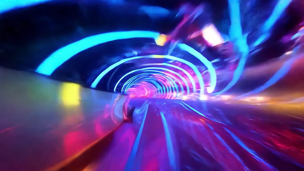 el movimiento rápido captura un viaje vibrante a través de un túnel de luces de neón brillantes, mostrando energía colorida y emoción