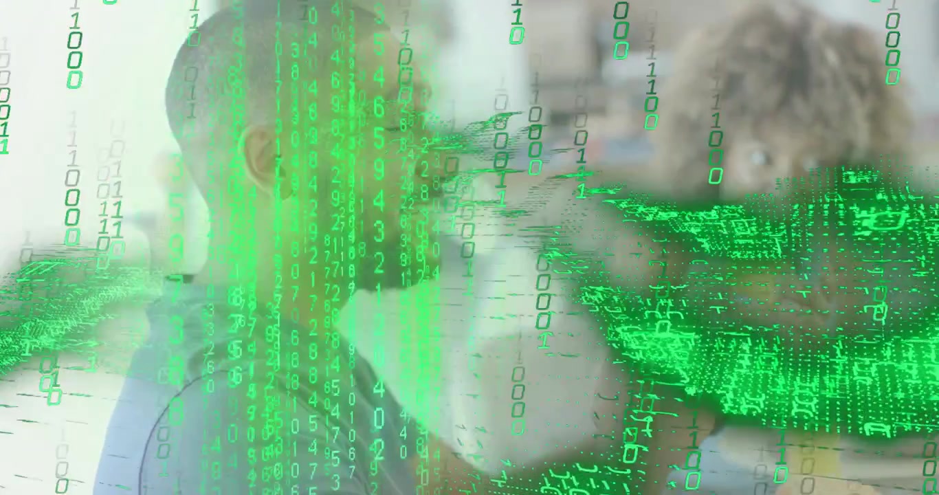 Male partner grabbing pancake during breakfast and sparking tech overlay while woman sipping juice