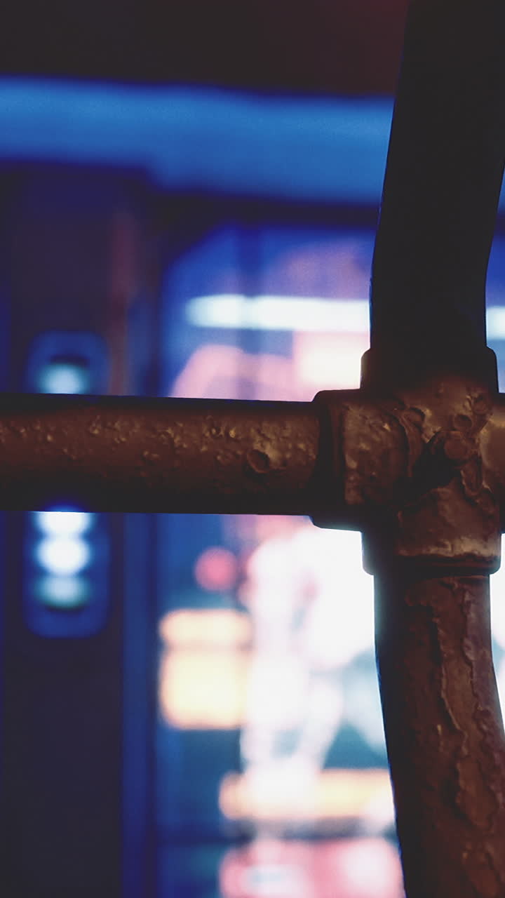 Nighttime view of neon signs seen through a rusty metal fence