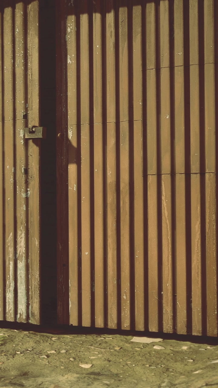 Cancello di legno con doghe verticali e serratura in una giornata di sole in un giardino.