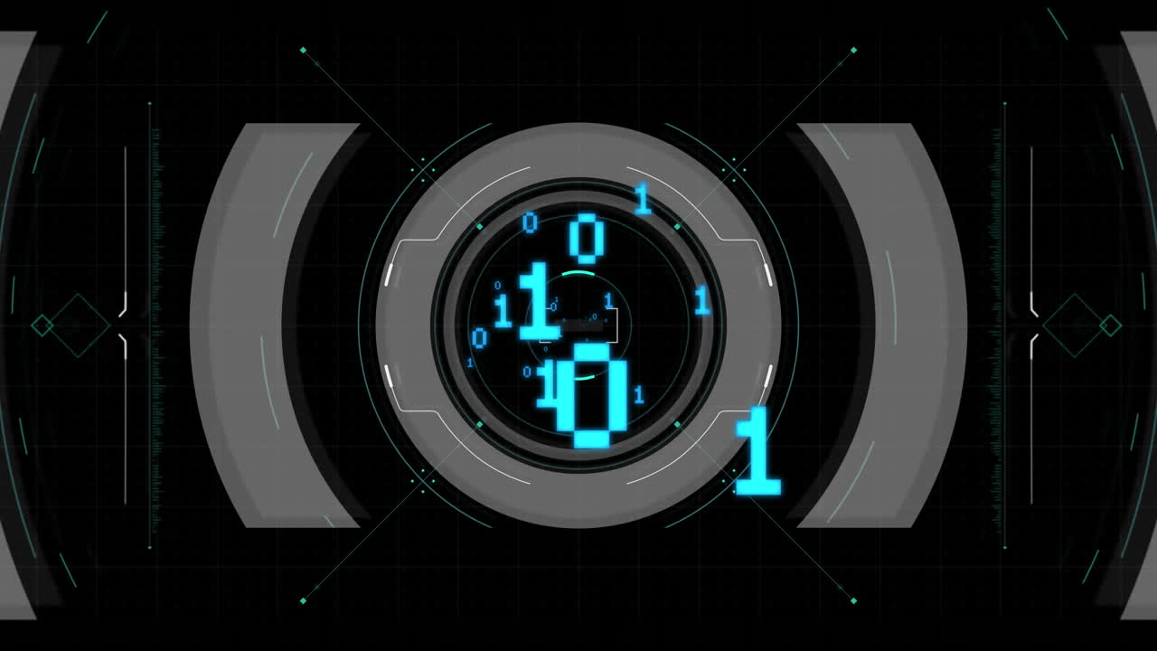 Animation of binary coding data processing over scope on black background