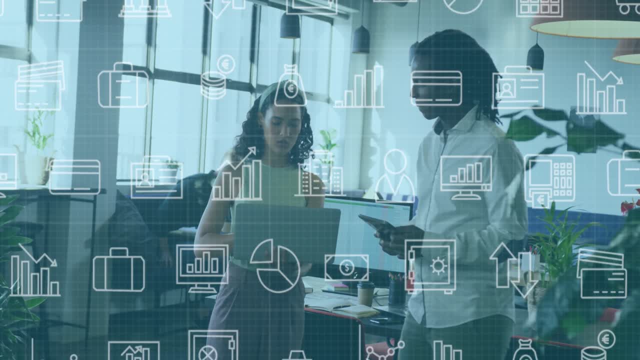 Animation of multiple icons over diverse coworkers standing and discussing reports in office