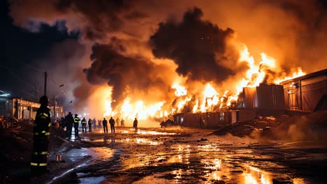 fire engulfs warehouses while firefighters respond at night in the city