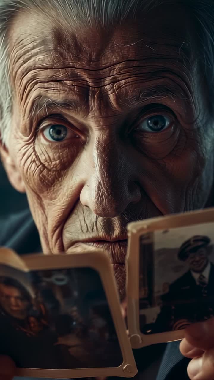 Vertical video: Seeing prints senior man holding holder studying faces with hands at home dark coat