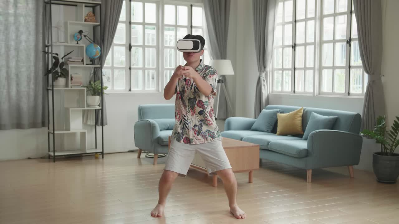 Man Wearing VR Headset Having Fun in His Living Room