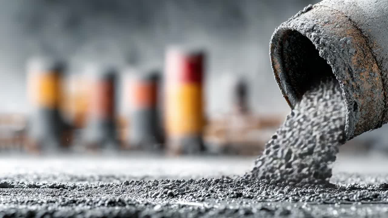 A Close-Up of Concrete Being Poured from a Pipe with a Blurred Background of Colorful Paint Cans, Showcasing the Texture and Flow of the Material