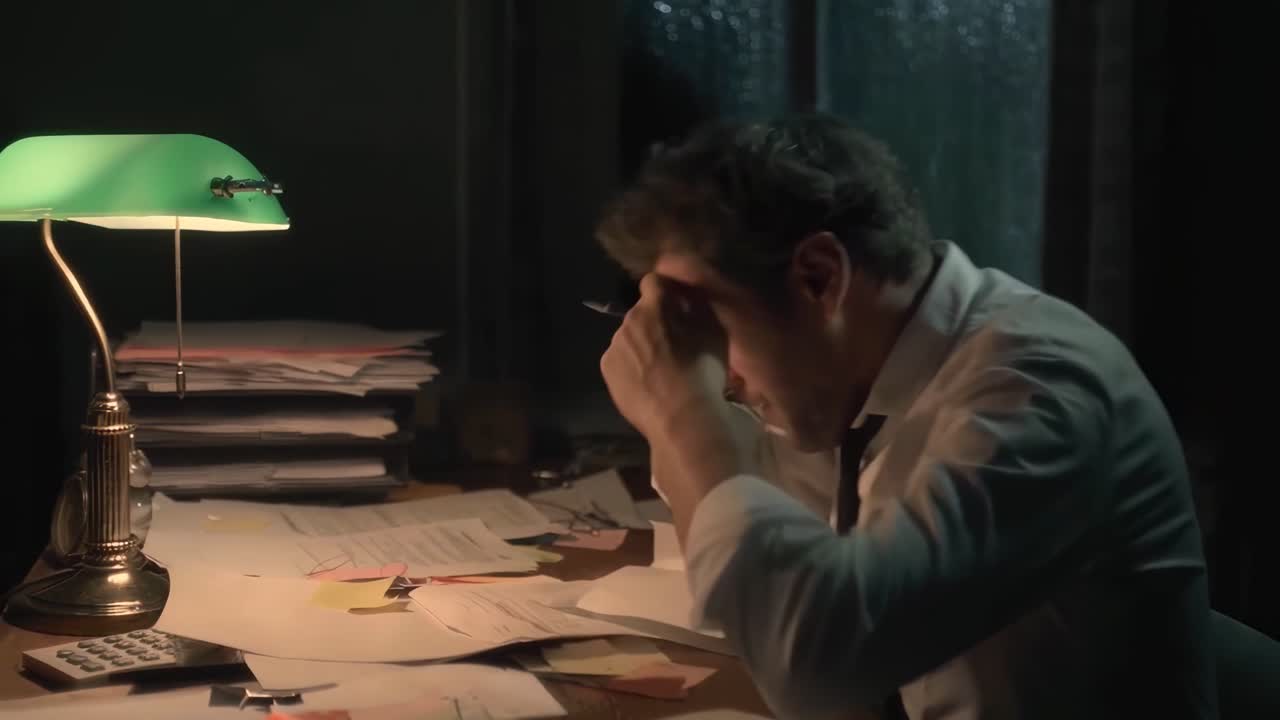 Scena video suggestiva di un uomo stressato a una scrivania disordinata, ripresa da un'angolazione laterale.