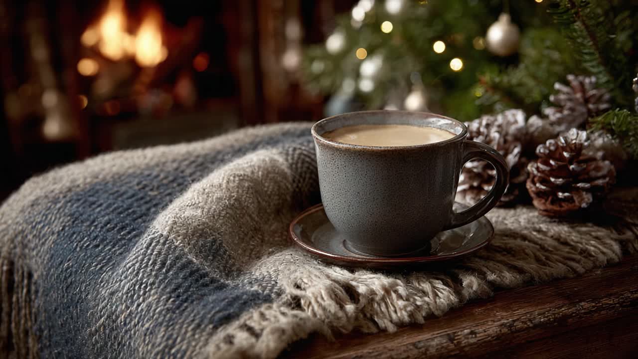 A Cozy Winter Scene Featuring a Warm Cup of Coffee or Tea on a Rustic Table, Surrounded by Pinecones and an Inviting Fireplace, Perfect for Cold Days