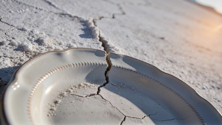 Panoramica che rivela un piatto di ceramica incrinato su una distesa salina, mostrando la crepa centrale e un riflesso dell'obiettivo