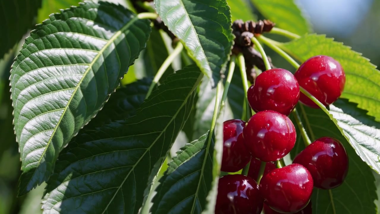 Cereie rosse mature appese a un ramo d'albero