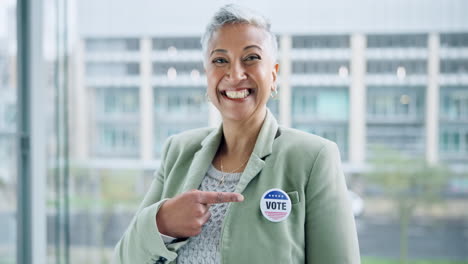 smile, vote and a woman pointing to a badge