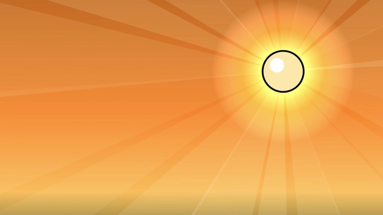 Cartoon anime style sun shining with rays on the right side against orange sky, seamless loop