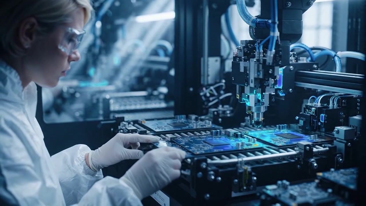 Female Engineer Overseeing Robotic Arm Working on Circuit Boards
