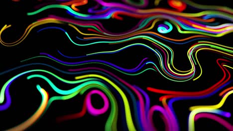 el flujo de partículas forma líneas rizadas como rastros de brillo de diferentes colores, las líneas forman un patrón giratorio como ruido de rizado. abstracto 3d bucle de flujo de animación como fondo festivo creativo brillante