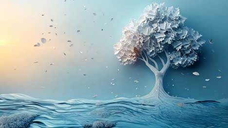 a white tree is floating on the water with leaves falling from it. the scene is calm and tranquil, with the tree's branches gently swaying in the water. the leaves are scattered around the tree