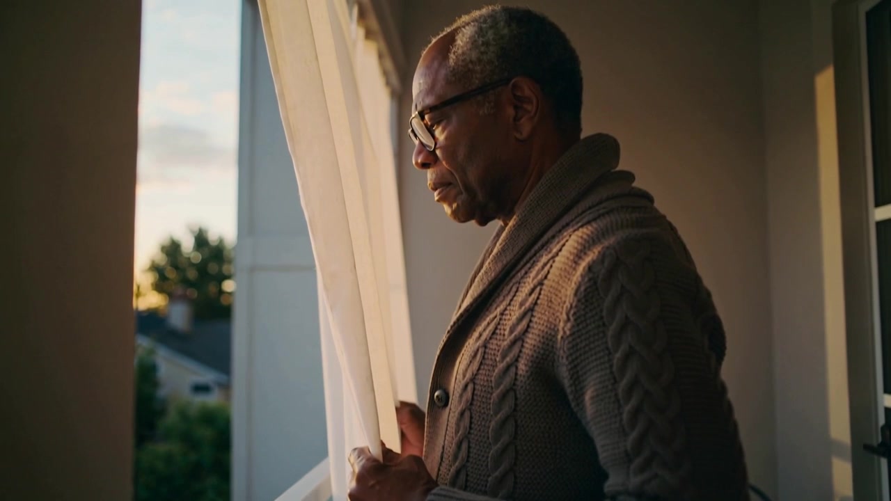 Pulling senior in cardigan with glasses drawing curtain on balcony as sunset falling, tablet
