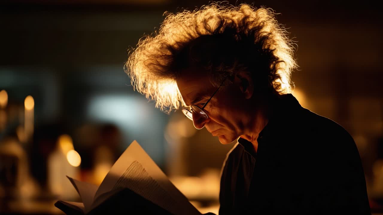 A Thoughtful Scholar Immersed in Reading Beneath Soft Lighting, Capturing a Moment of Deep Reflection and Intellectual Engagement with the Pages of Knowledge