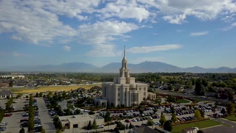 aerial view of the church of jesus christ of latter day saints temple in payson, ut on a beautiful clear september morning