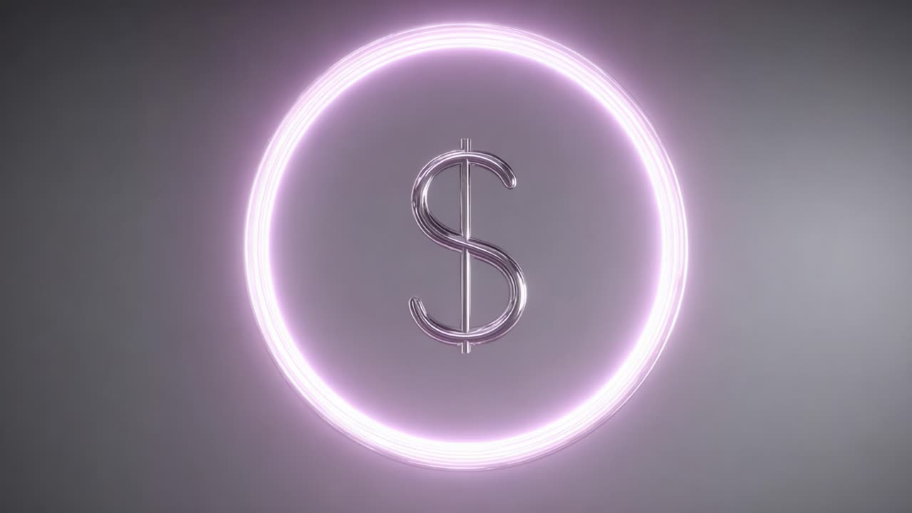 Symbole du dollar lumineux dans un cadre néon circulaire : une représentation moderne de la richesse et de la finance dans un style minimaliste.