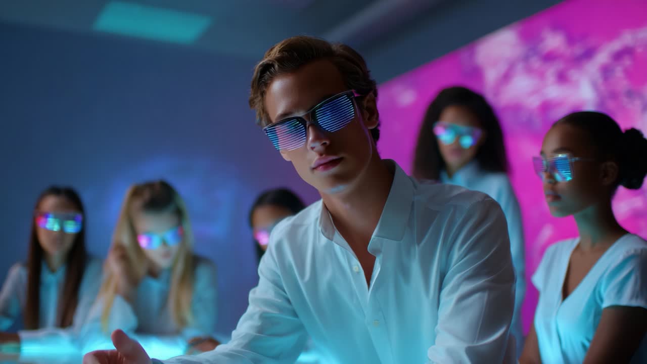 Futuristic Business Team Meeting with Augmented Reality Glasses