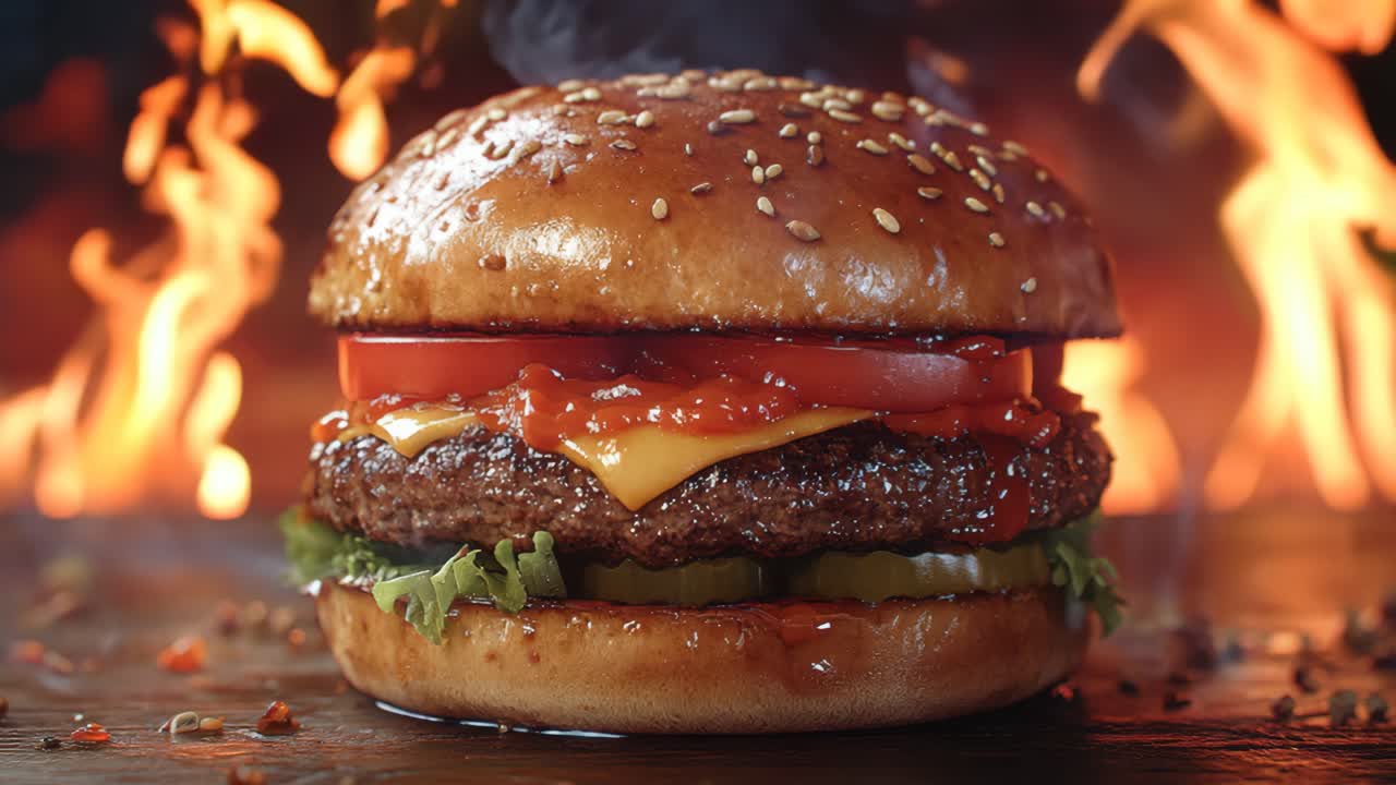 A burger with a slice of tomato and cheese on top. The burger is on a table with a fire in the background