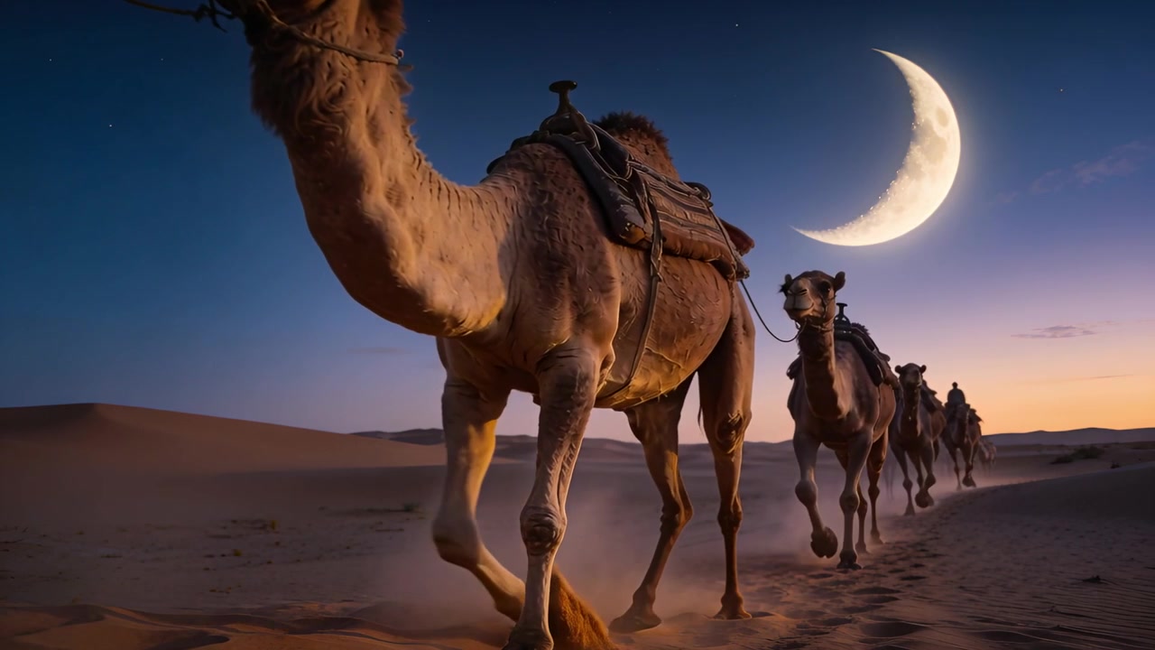 Cammello dromedario guida che avanza, avviando la carovana in movimento attraverso le dune al crepuscolo, con selle e la luna.