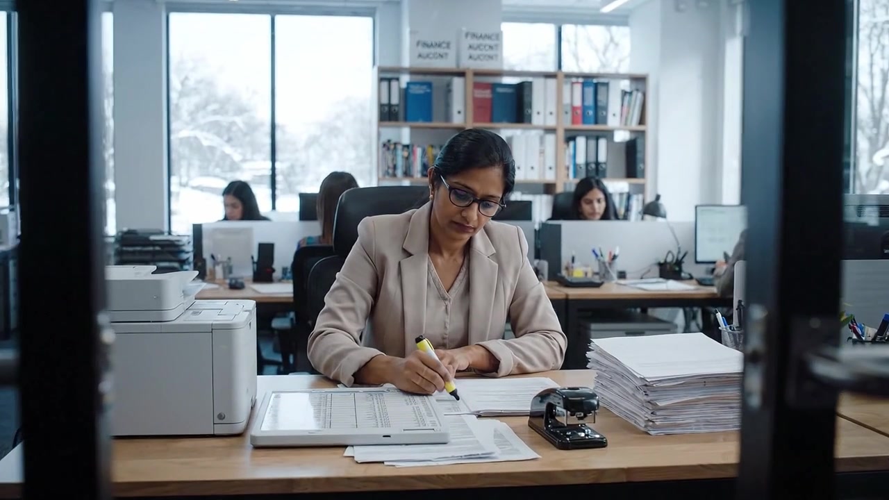 Focused Professional Working in a Modern Office Environment, Engaged in Administration Tasks with Multiple Colleagues Visible in the Background on a Snowy Day