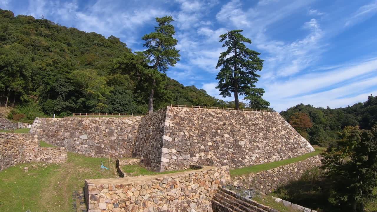 Panning Shot Of Tottori Castle Ruins On A Clear Day. Japanese Tourist Attraction.